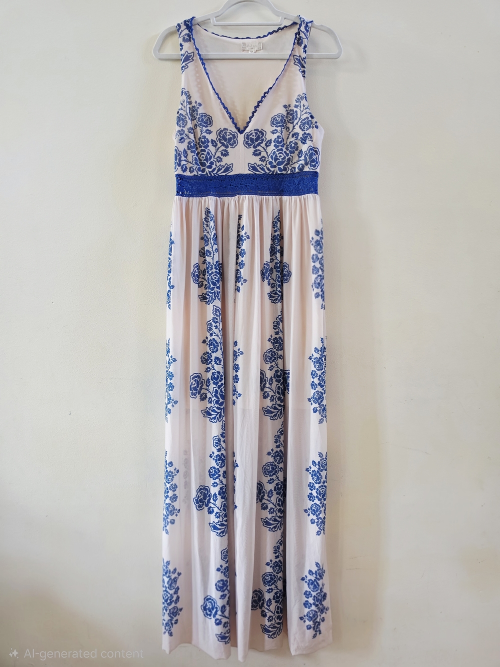 Altar'd State Cream Maxi Dress with Blue Floral Embroidery Size M